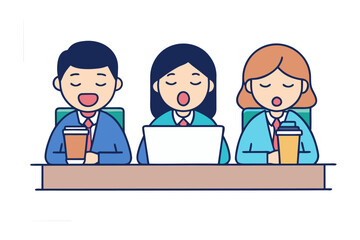 Three cartoon business people sitting at a desk with coffee cups and a laptop appearing to yawn or talk