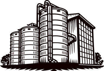 Industrial grain silos and warehouse facility black and white  illustration with storage tanks and piping