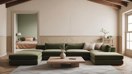 Modern living room with green sectional sofa and open bedroom image