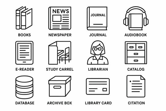 Library icons: books, newspaper, journal, audiobook, and more in line art style