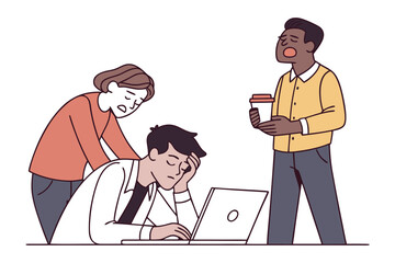Three office workers experiencing stress and exhaustion one man is overwhelmed at his laptop while others show concern and fatigue