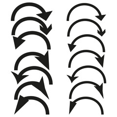 Curved arrow icons. Black direction symbols. Flow motion Vector. Graphic turnaround sign.