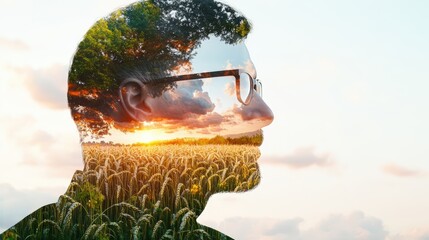 Thoughtful person wea glasses looking at sunset over a wheat field with reflection of nature
