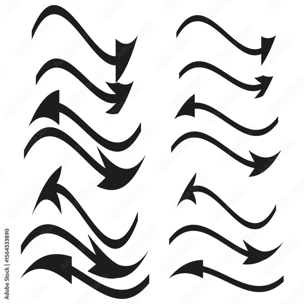Poster wavy arrow icons. dynamic curve symbols. fluid direction vector. energetic motion sign.