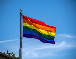 GLBTQ rainbow flag waving on its flagpole AI generated
