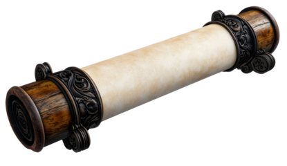 Ancient scroll on black background with intricate metalwork embellishments
