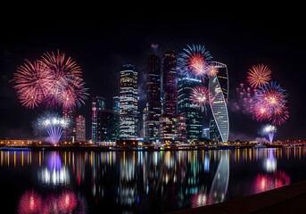 Fototapeta premium Spectacular fireworks display over the modern city skyline of Moscow at night, with reflections in the river.