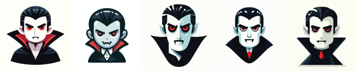 Flat Vampire Head Icon Set | Dracula Cartoon Faces for Halloween