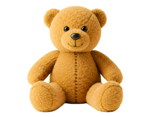 Cute brown teddy bear sitting and smiling isolated on transparent background