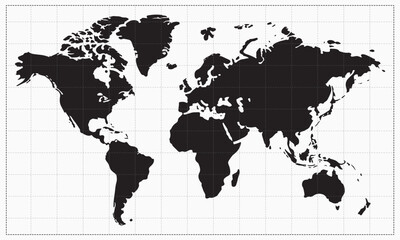 World Map Silhouette with Continent Outlines on Grid Background, Global Concept