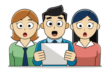 Three cartoon people with shocked expressions looking at a blank piece of paper held by the man in the middle