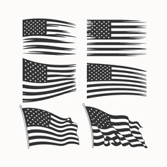 Collection of Distressed and Flowing American Flags in Black and White for Patriotic, Grunge, and Vintage Themes
