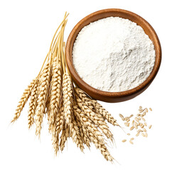 Pure white flour in wooden bowl with wheat ears creating a rustic aesthetic