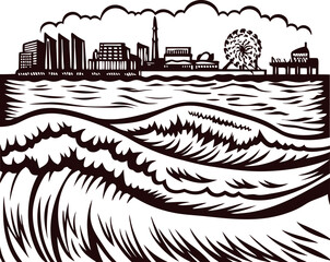 Hand drawn cityscape skyline with tall buildings, waves, and fireworks in vintage engraved