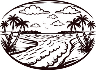 Obraz premium Black and white tropical island landscape with palm trees, ocean waves, and clouds in oval frame illustration