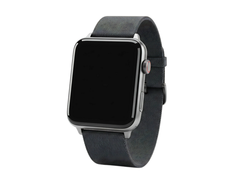Modern smart watch with dark fabric band isolated on transparent background