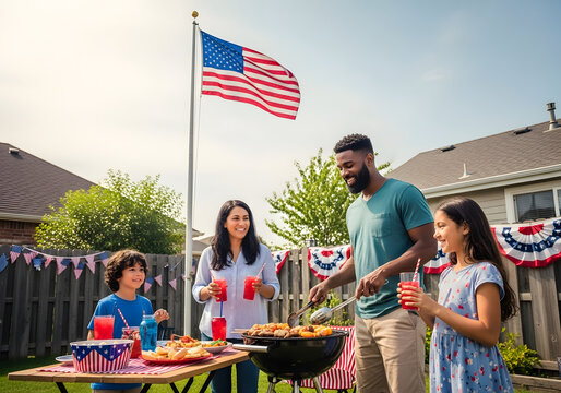 Happy diverse family enjoying a backyard barbecue on a patriotic holiday. - Powered by Adobe