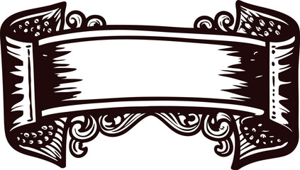 Vintage engraved ribbon banner with ornate scrollwork and blank center for text decoration
