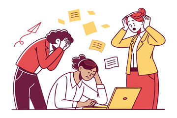 Frustrated business team overwhelmed by workload and deadlines experiencing stress and anxiety