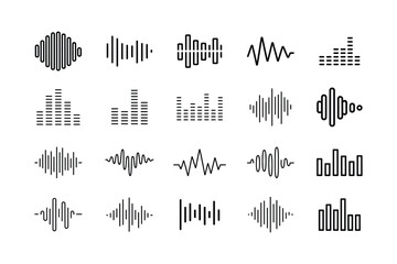 Black sound wave and equalizer icons on white background audio music