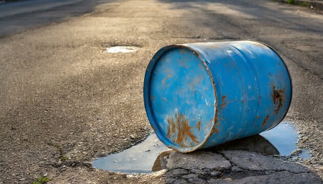 old rusty metal bucket, Solitary weathered blue drum reflecting in water, highlighting themes of industrial decay and environmental neglect
