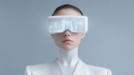 Futuristic woman wearing VR glasses with cityscape display