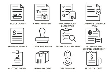 Shipping documents and icons for international cargo and customs clearance
