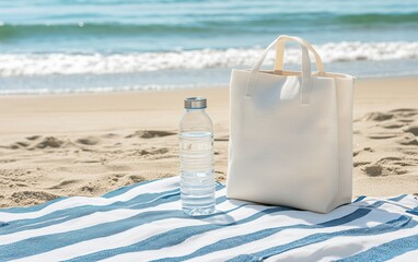 Canvas tote bag and water bottle on beach towel