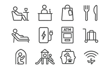 Minimalist icons of services and amenities on dark background
