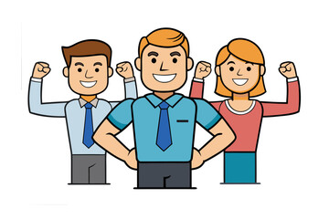 Three diverse cartoon professionals in business attire flex their muscles together celebrating success and teamwork in a vibrant depiction of achievement