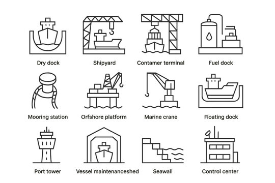 Maritime infrastructure icons: shipyard, dry dock, offshore platform, control center