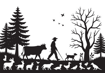 Fototapeta premium Farmer Walking with Animals in Forest Silhouette, Rural Life and Nature Concept