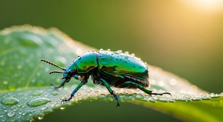 Naklejka premium Macro Close-Up of Green Beetle on Dewy Leaf in Sunlight