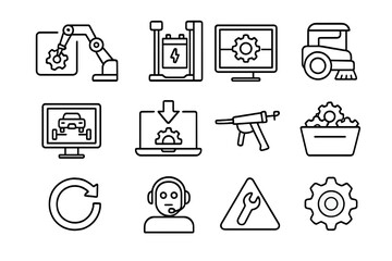 Industrial icons set: machinery and tools in outline style