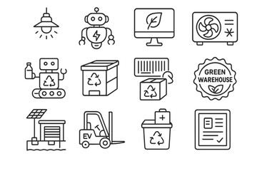 Eco-friendly warehouse technology icons with recycling and green energy themes