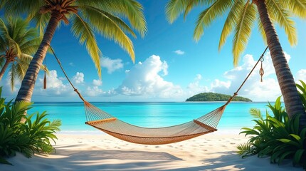 Relaxing hammock between palm trees on a serene tropical beach under a cloudy sky at midday