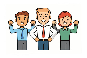 Three diverse business professionals celebrating success with raised fists and joyful expressions against a white background