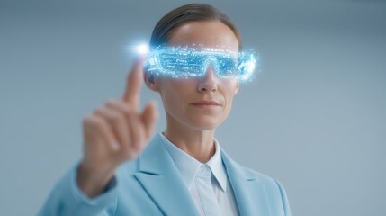 Woman using futuristic smart glasses with digital interface