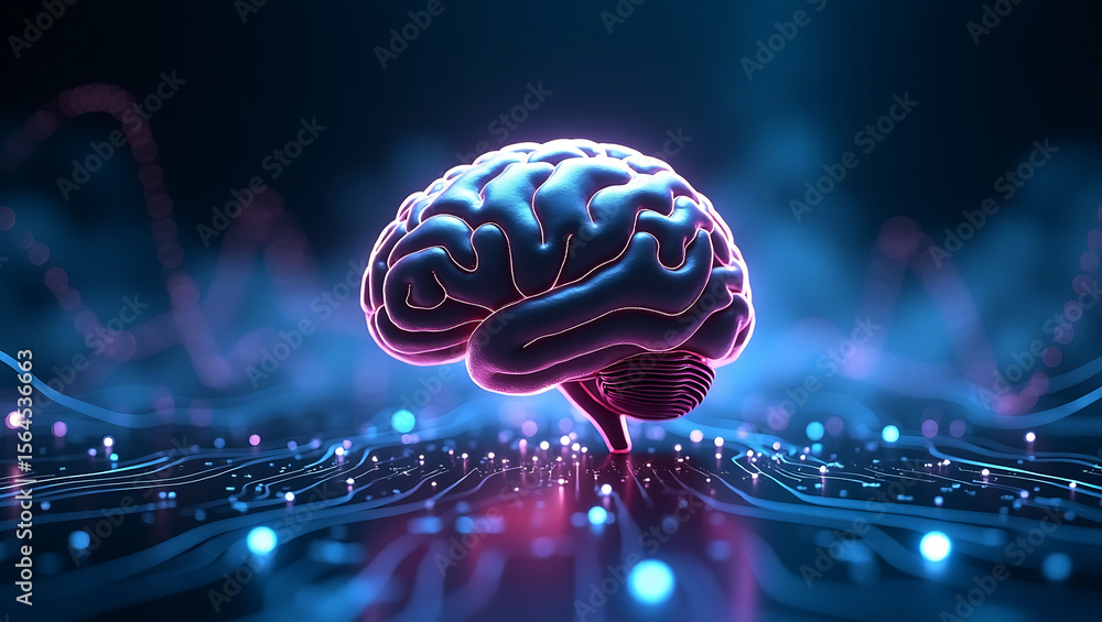 Poster abstract digital human brain glowing with neon pink and blue light against a dark background with ci