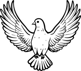 Fototapeta premium Hand drawn flying dove with open wings isolated on white background black and white vintage illustration