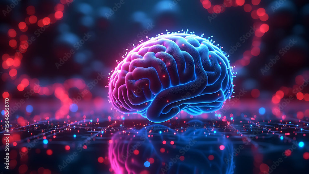 Poster abstract glowing neon human brain with interconnected neural network and bokeh lights in vibrant blu