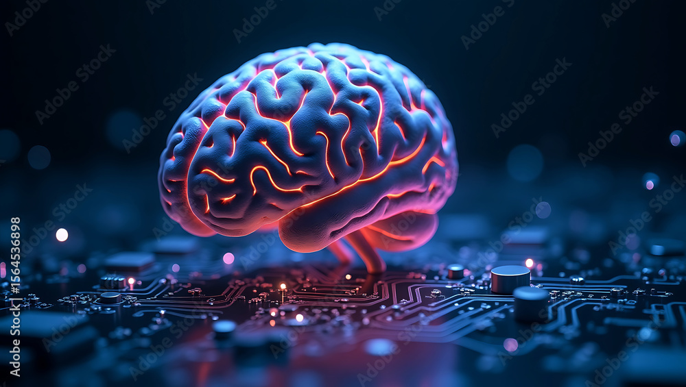 Aufkleber glowing digital brain model resting on a futuristic circuit board with neon lights and bokeh effects