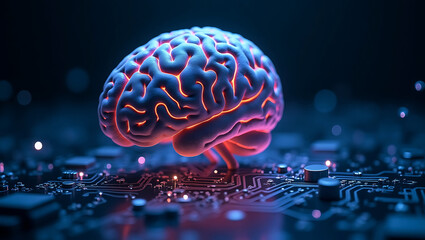 Glowing digital brain model resting on a futuristic circuit board with neon lights and bokeh effects