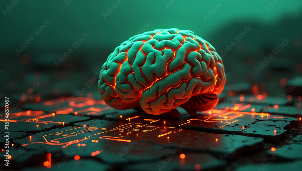 Poster glowing human brain with intricate neural network pathways illuminated with vibrant orange light on 