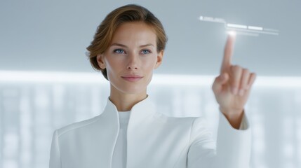 Futuristic woman interacting with holographic interface