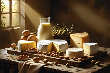Rustic Kitchen Wooden Table with Beautifully Arranged Cheese and Charcuterie Plates  |   illustration