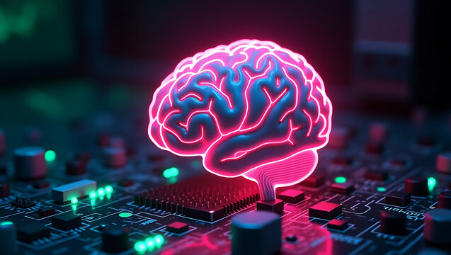 Glowing neon brain sculpture emerges from a complex circuit board with vibrant green and pink lights symbolizing artificial intelligence and technology