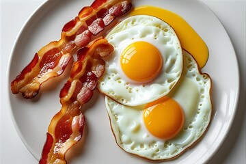 Classic Fried Eggs and Crispy Bacon on a White Plate – Breakfast Concept  |  illustration