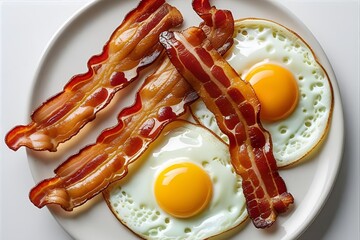  A delicious and classic breakfast scene featuring two sunny-side-up fried eggs and crispy bacon strips arranged on a clean white plate.  | illustration