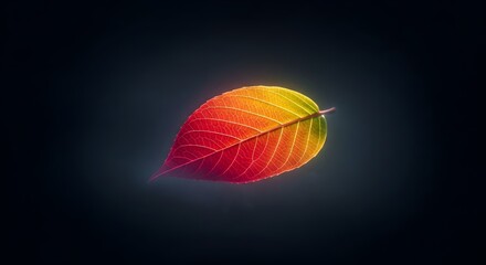 Vibrant Autumn Leaf Glows with Ethereal Light, Revealing Delicate Veins Against a Dark Canvas